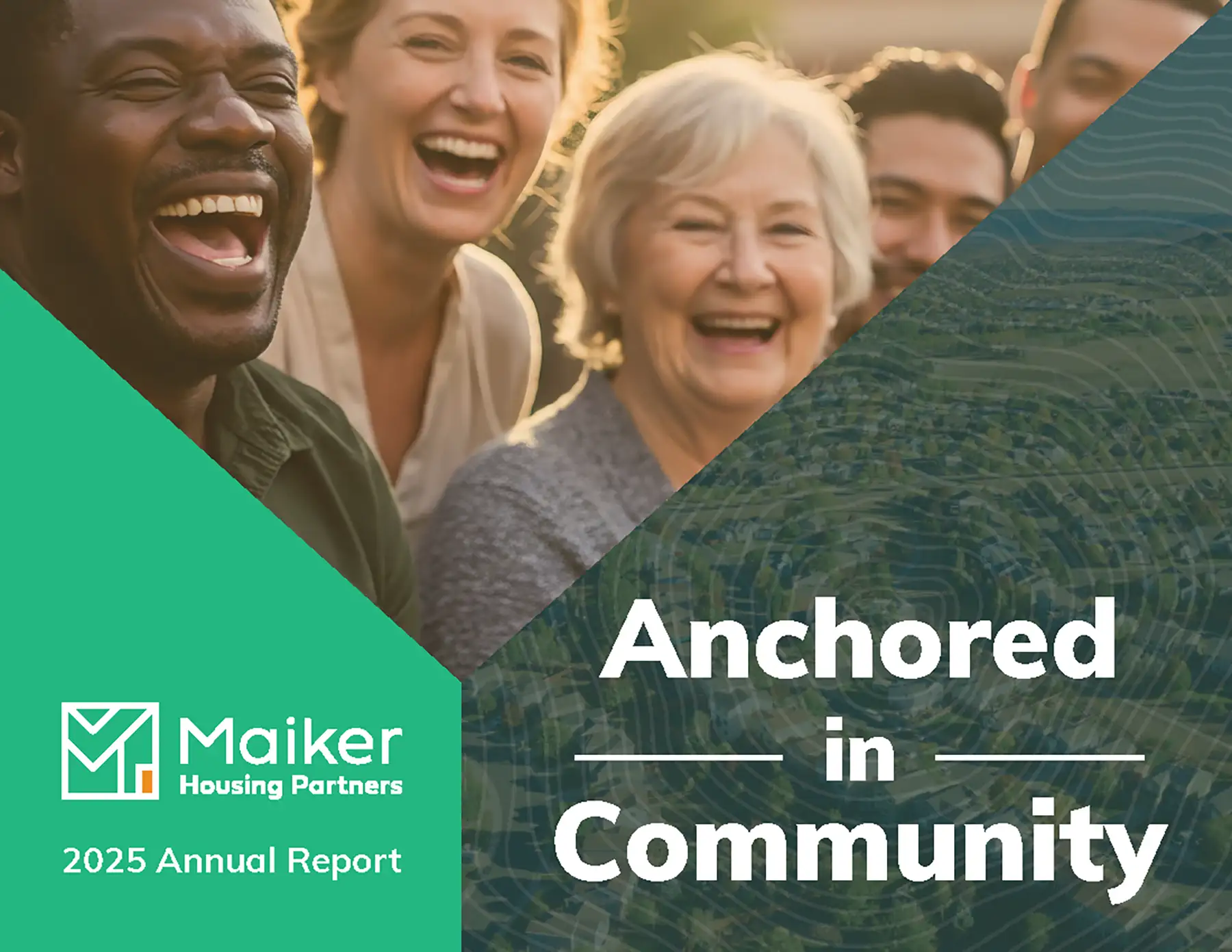 2025 Annual Report Cover showing a group of people smiling with text "Anchored in Community"